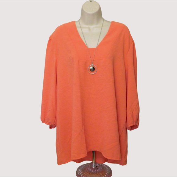 NY Collection Tops - NY Collection Blouse Tunic 3X Orange 3/4 Sleeve Includes 26" Necklace Poly NEW